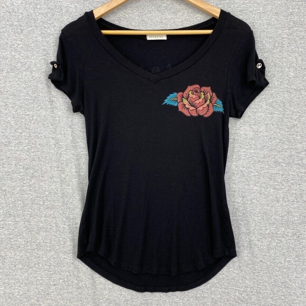 Occasion Shirt Womens Medium Black Tee Short Sleeve Graphic Skull Flowers